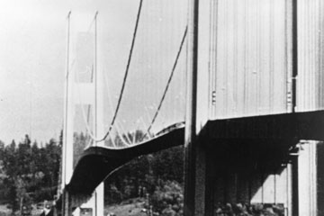Resonance decimates the Washington's Tacoma Narrows suspension bridge over Puget Sound on Nov. 7, 1940.